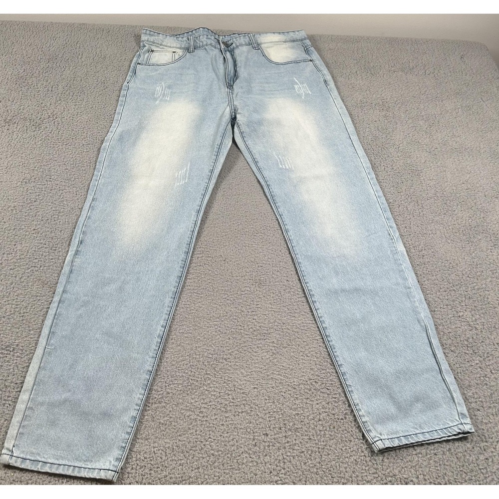 SheIn Jeans Mens 34 Blue Light Wash Straight Leg Distressed Denim Mid Rise